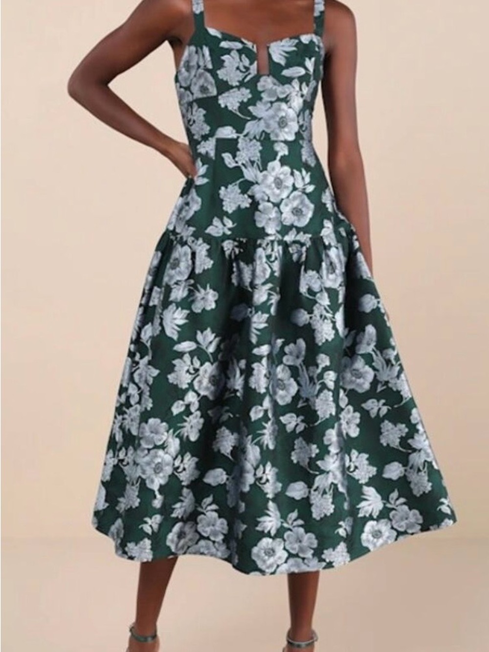 Lulus Major Flirtation Emerald Floral Jacquard Drop Waist Midi Dress